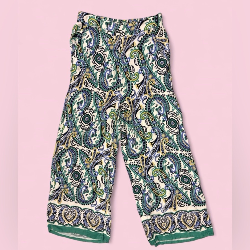 Haute Hippie Paisley Wide Leg Pants Green Blue Boho Elastic Waist | Sz S